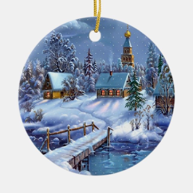 Ornement Rond En Céramique Décor de Noël - Scène d'hiver (Devant)