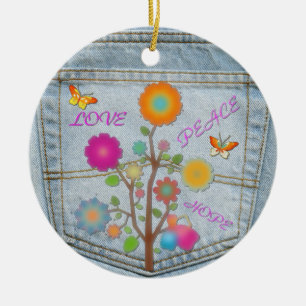 Ornement Rond En Céramique Denim Back Fleurs de poche Paix Amour Espérance Or