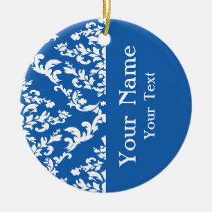 Ornement Rond En Céramique Denim Blue Bold Damask avec nom à Emporiomoffa
