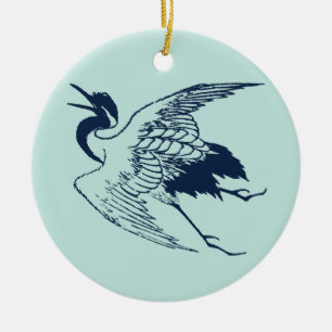 Ornement Rond En Céramique Dessin japonais vintage d'une grue, bleu