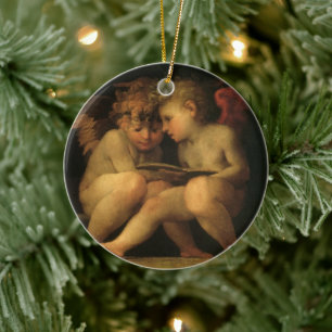 Ornement Rond En Céramique Deux Cherubs Lecture par Rosso Fiorentino, Angels