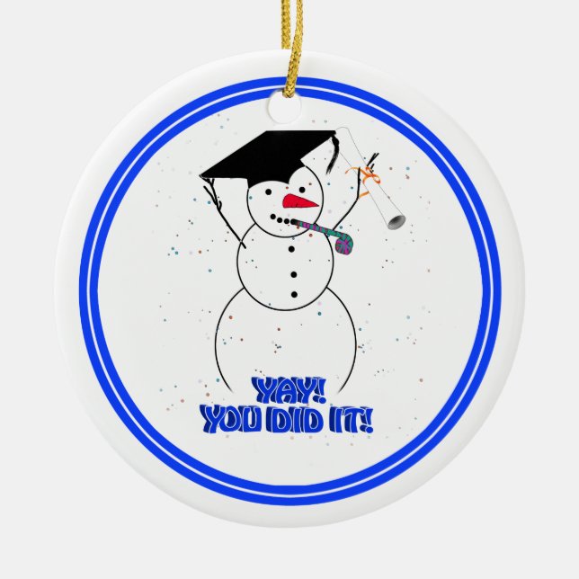 Ornement Rond En Céramique Diplômés Snowmen - YAY! Vous l'avez fait ! (Devant)
