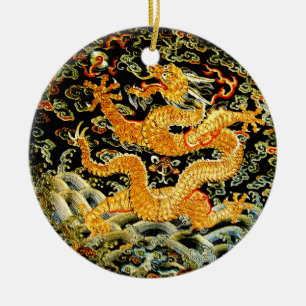 Ornement Rond En Céramique Dragon d'or brodé par antiquité chinoise de