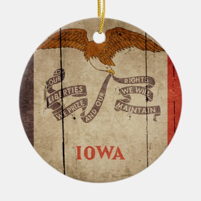 Ornement Rond En Céramique Drapeau de l'Iowa en bois robuste (Devant)