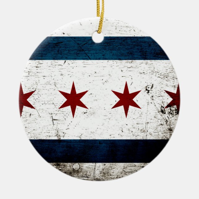 Ornement Rond En Céramique Drapeau grunge noir de Chicago (Devant)