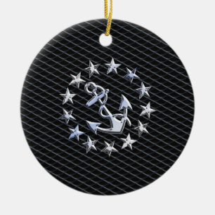 Ornement Rond En Céramique Drapeau Naval Yacht Ancre et étoiles
