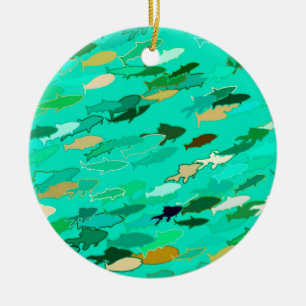 Ornement Rond En Céramique École de Poisson, Aqua, Vert et Or
