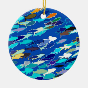 Ornement Rond En Céramique École de poisson, bleu foncé, blanc et turquoise