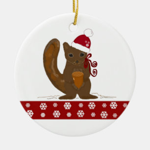 Ornement Rond En Céramique Écureuil de Noël à la frontière des flocs de neige