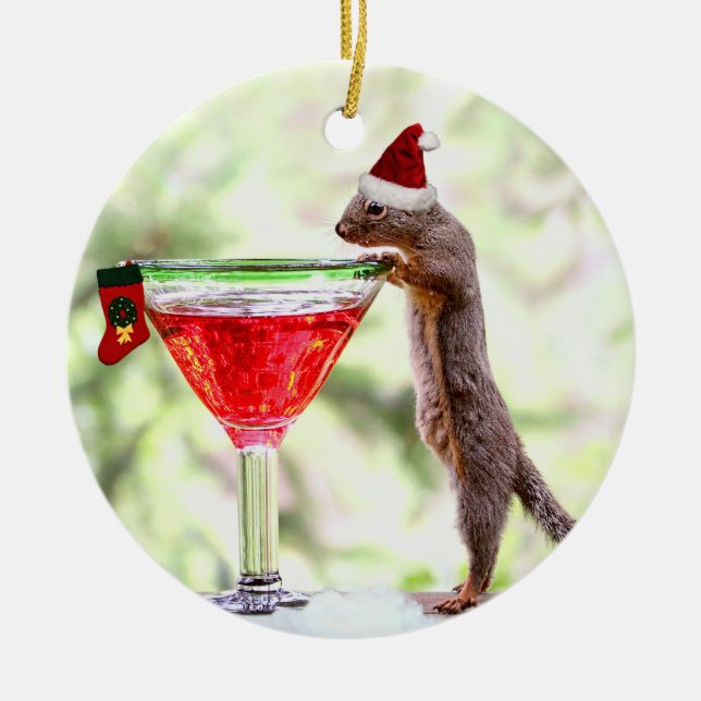 Ornement Rond En Céramique Écureuil de Noël à l'heure heureuse (Devant)