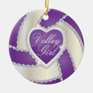 Ornement Rond En Céramique Élégant Diamond Heart Purple Volleyball