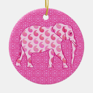 Ornement Rond En Céramique Éléphant de Paisley - rose et fuchsia de glace