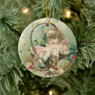 Ornement Rond En Céramique Enfant victorienne vintage, fille panier de fruits