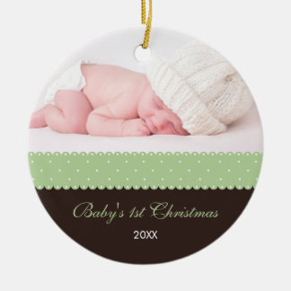 Ornement Rond En Céramique Ęr Noël du bébé - ruban (brun)