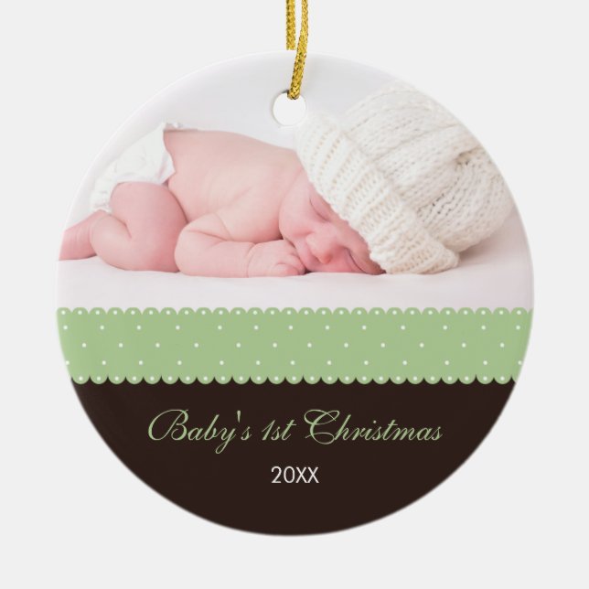 Ornement Rond En Céramique Ęr Noël du bébé - ruban (brun) (Devant)