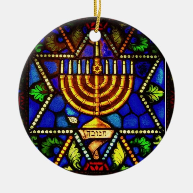 ORNEMENT ROND EN CÉRAMIQUE ÉTOILE DE DAVID ET MENORAH (Devant)