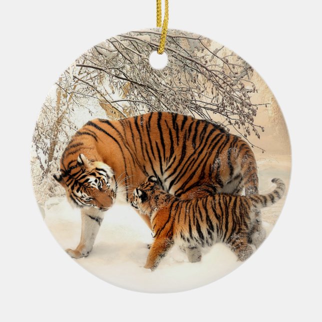 Ornement Rond En Céramique Famille de tigre en hiver (Devant)