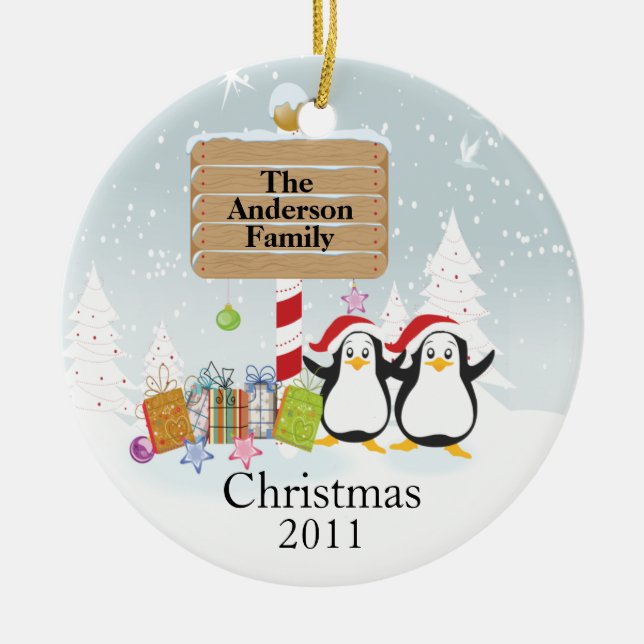Ornement Rond En Céramique Famille mignonne de pingouins d'ornement de Noël 2 (Devant)