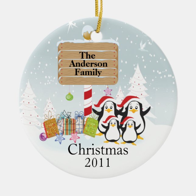 Ornement Rond En Céramique Famille mignonne de pingouins d'ornement de Noël 4 (Devant)