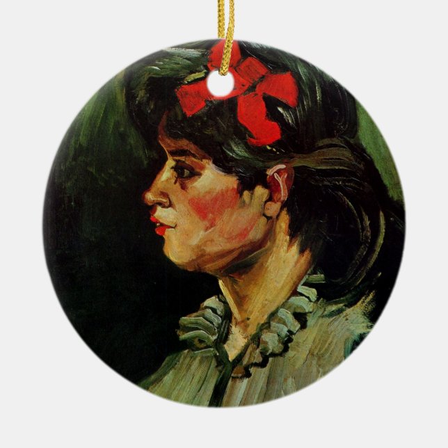 Ornement Rond En Céramique Femme au ruban rouge Portrait par Vincent van Gogh (Devant)