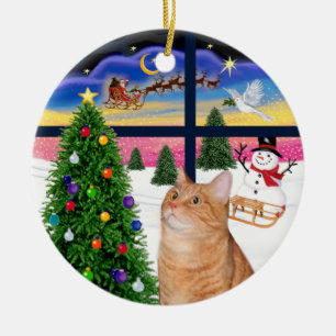 Ornement Rond En Céramique Fenêtre de Noël - Chat tigré orange