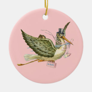 Ornement Rond En Céramique FÊTE DE BÉBÉ FILLE CIGOGNE MONOGRAMME  Rouge Rubis