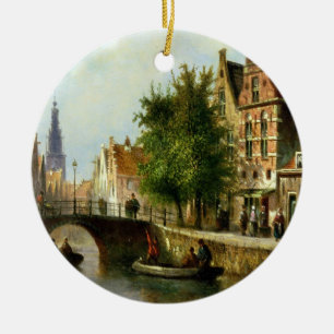 Ornement Rond En Céramique Figures sur un canal, Amsterdam (huile sur le
