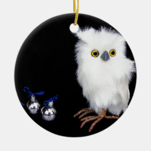 Ornement Rond En Céramique Figurine neigeuse blanche de hibou avec Noël