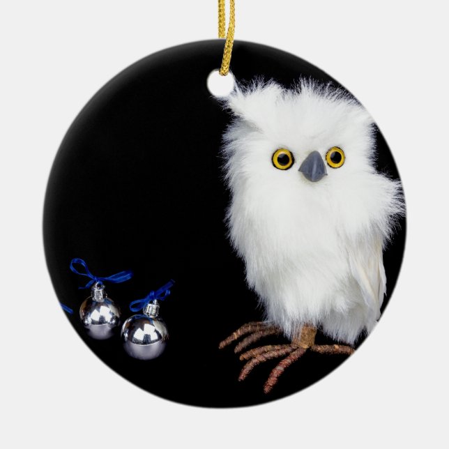 Ornement Rond En Céramique Figurine neigeuse blanche de hibou avec Noël (Devant)