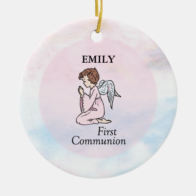 Ornement Rond En Céramique Fille, Ange de la première communion (Devant)