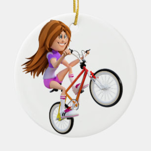 Ornement Rond En Céramique Fille de dessin sur vélo faisant une roue