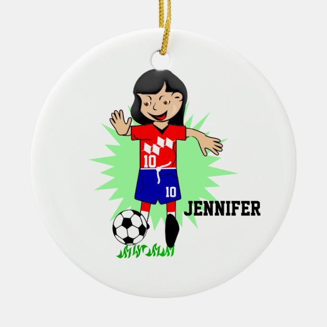 Ornement Rond En Céramique Fille personnalisée du football jouant l'ornement (Devant)
