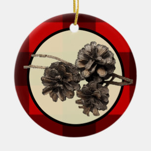 Ornement Rond En Céramique Flanelle rouge et noire de plaid et Noël de