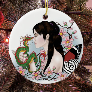 Ornement Rond En Céramique Fleur de Cerisier Dragon Sérénité Fée Asiatique 