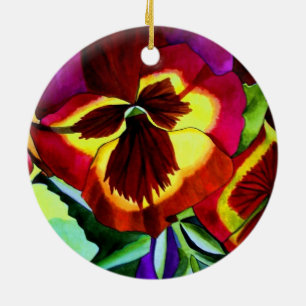 Ornement Rond En Céramique Fleurs à l'aquarelle rouge original art