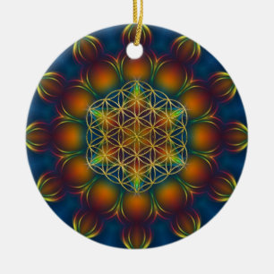 Ornement Rond En Céramique FLEURS DE VIE/Blume des Lebens Mandala III Carré