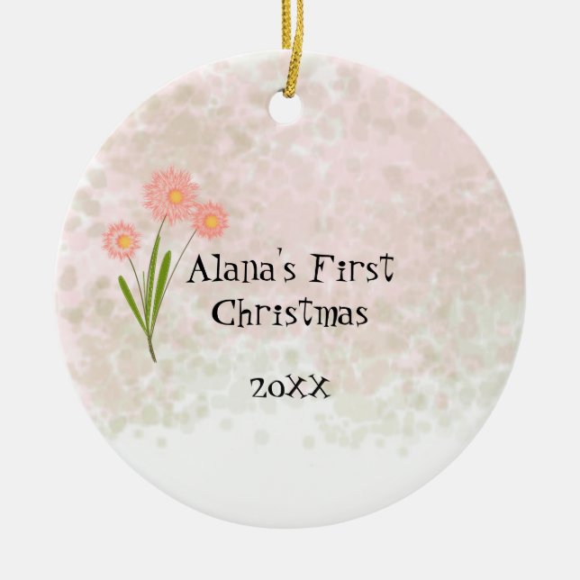 Ornement Rond En Céramique Fleurs roses Baby First Christmas (Devant)