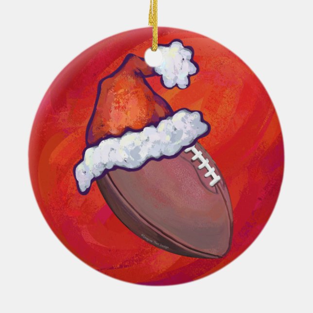 Ornement Rond En Céramique Football à Santa Hat sur Rouge (Dos)