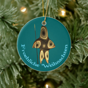Ornement Rond En Céramique Froehliche Weihnachten - Fractal Inuit Hunter