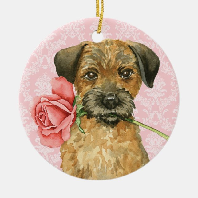 Ornement Rond En Céramique Frontière Rose Valentine Terrier (Devant)