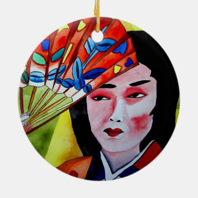 Ornement Rond En Céramique Geisha avec Fan (Dos)