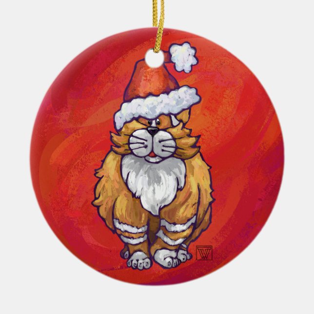 Ornement Rond En Céramique Ginger Chat Noël Sur Rouge (Devant)