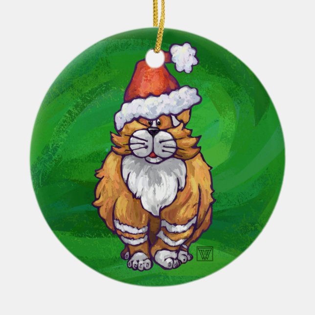 Ornement Rond En Céramique Ginger Chat Noël Sur Vert (Devant)