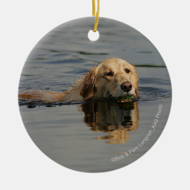 Ornement Rond En Céramique Golden retriever nageant (Devant)