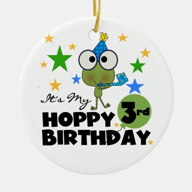 Ornement Rond En Céramique Grenouille-Hoppy 3e Anniversaire Tshirts et cadeau (Devant)