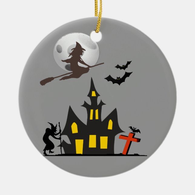 Ornement Rond En Céramique Halloween a hanté l'ornement de Chambre (Devant)