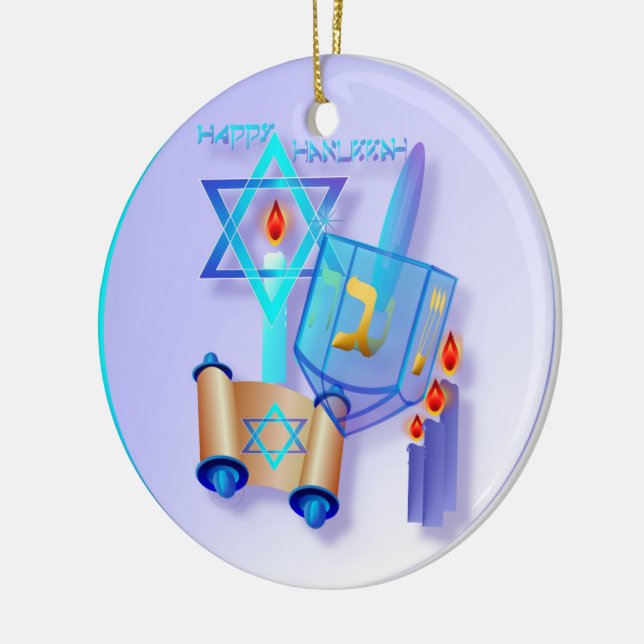Ornement Rond En Céramique Hanoukka Dreidel-Heureux en verre bleu (Gauche)