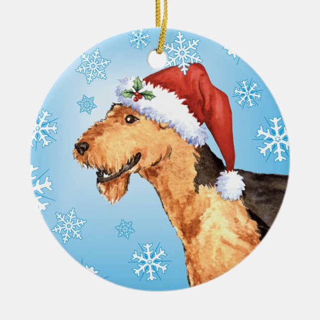 Ornement Rond En Céramique Happy Howliday Airedale (Devant)