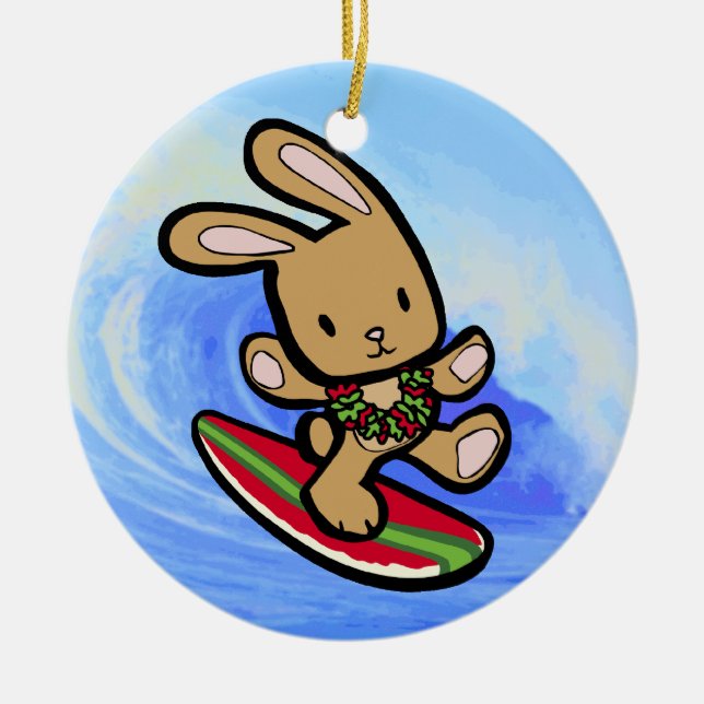 Ornement Rond En Céramique Hawaiian Surfing Bunny Cartoon de vacances (Devant)