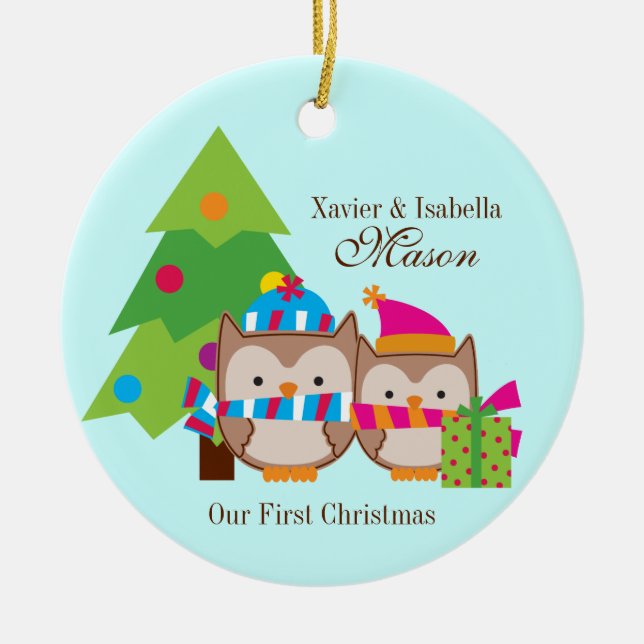 Ornement Rond En Céramique Hiboux de Noël - premier Noël (Devant)